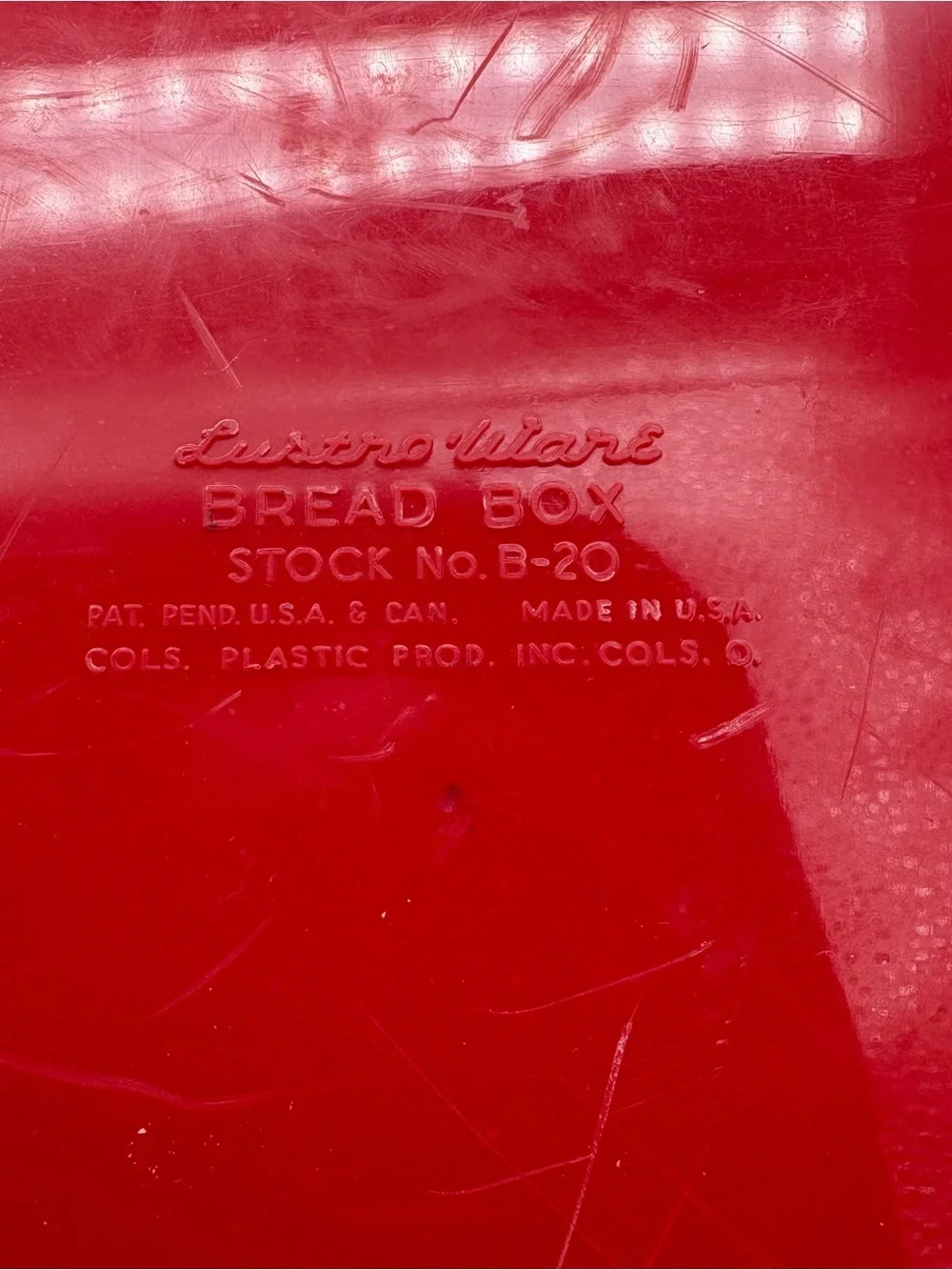 Vtg MCM 50’s Retro Kitchen Lustro Ware Bread Box B-20 Red Yellow Plastic Decor